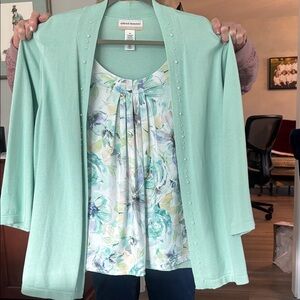 Alfred Dunner Mint Aqua Open-Front Cardigan with Floral Shell